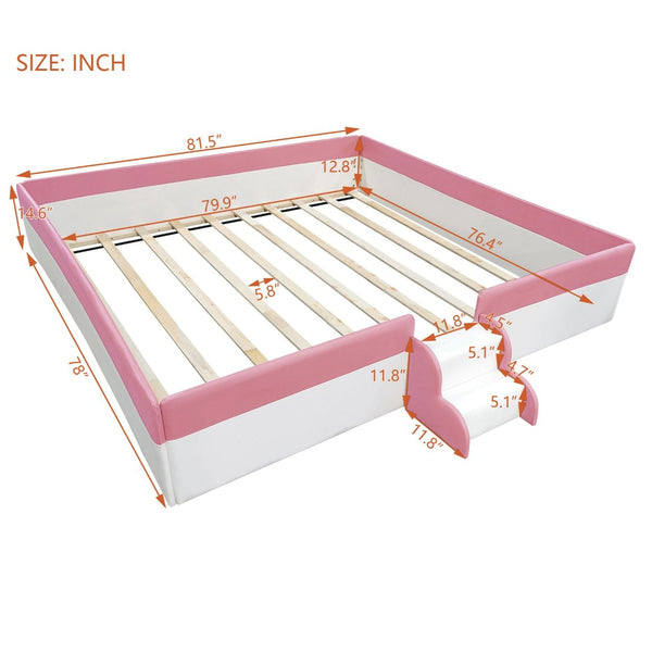 English Elm King Platform Daybed with Fence Rail and Stairs Pu Upholstered Kids Bedroom Frame SF000156AAH-1