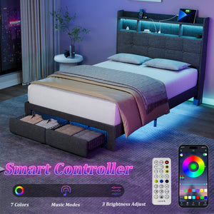 English Elm Full Linen Upholstered Bed with LED Lights, 20W Fast Charging, 2 Drawers & Memory Foam Headboard - Dark Gray W1550P190361
