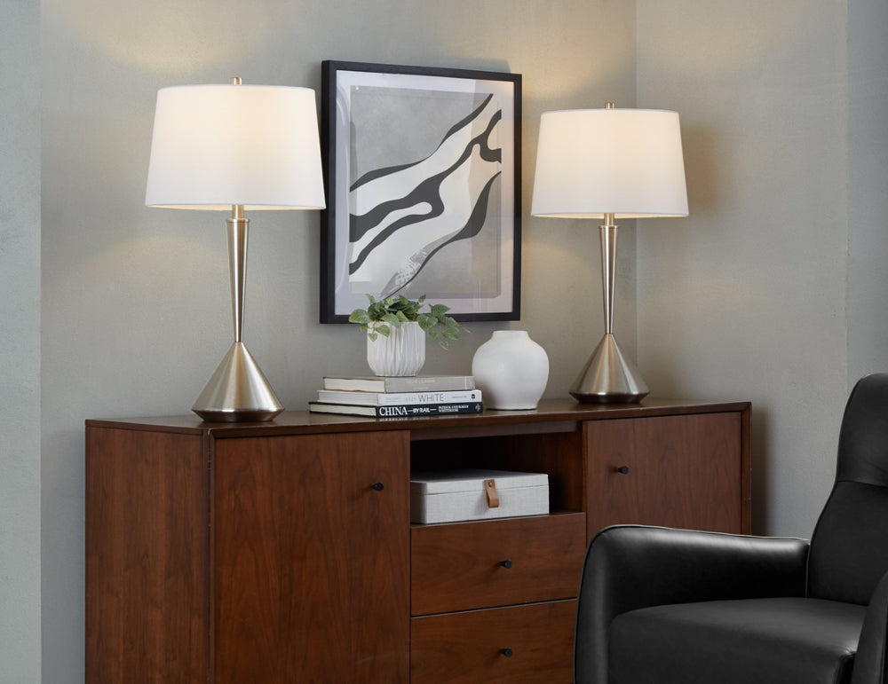 English Elm Metal Brushed Nickel Pair Table Lamps Linen Tapered Shade Bedroom Living Room B202P471589