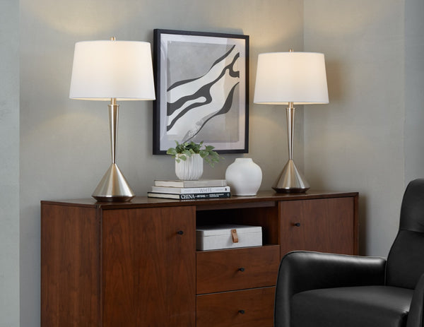 English Elm Metal Brushed Nickel Pair Table Lamps Linen Tapered Shade Bedroom Living Room B202P471589