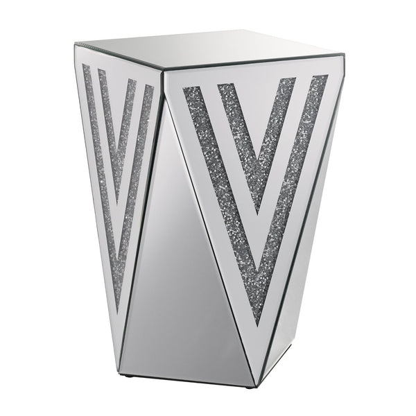 English Elm Inverted Triangle Mirrored Side Table with Crystal Inlays for Glam Living Spaces W1005P416726
