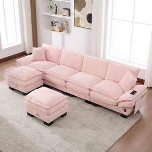 English Elm Sectional Modular Cloud Sofa Deep Corduroy Upholstered Comfort for Living Room Studio Pink W395S00134