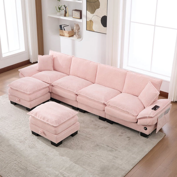 English Elm Sectional Modular Cloud Sofa Deep Corduroy Upholstered Comfort for Living Room Studio Pink W395S00134