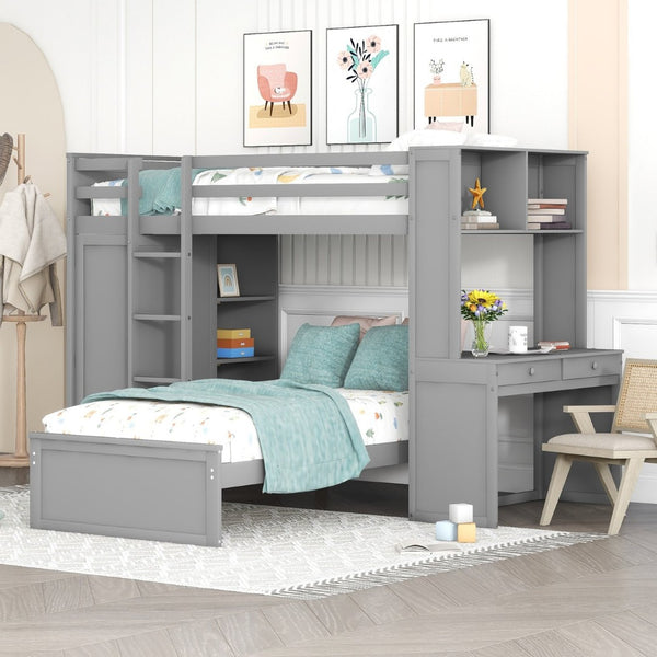English Elm Twin Loft Bed System with Wardrobe Desk and Shelving for Kids Shared Bedroom Gray LT000820AAE-1