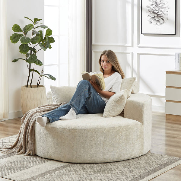 English Elm 55'L Chenille Sponge Single Sofa No Assembly Beige Fluffy Modern Sleeper Chair with Head Pillow Support for Living Room Lounge Bedroom Comfort W834P221027