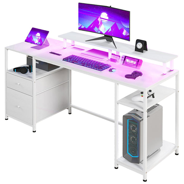 English Elm Homcom 61 Inch Gaming Desk with Led Strip Power Outlets Shelves Monitor Stand W2225P217259
