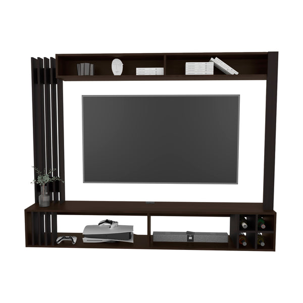 English Elm Bremmen Walnut Entertainment Center with Open Shelves, TV Panel & Hidden Storage for Modern Rooms B070S00397