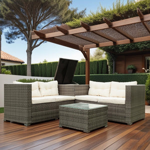 English Elm 4 Piece Patio Sectional Set - Modular Wicker Rattan Sofa With Soft Cushions & Convenient Storage Box W329S00033