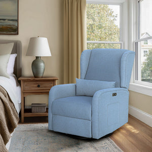JLA Home Madison Park - Power Candace Recliner offers 3-in-1 power recline, 270° swivel & glider, USB/USB‑C charging, lumbar support, spill-resistant upholstery, side pocket, sturdy wood frame, tool-free setup for living rooms, nurseries, home offices Light Blue MP103-1283