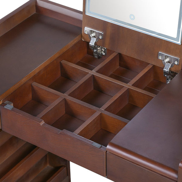 English Elm 3-in-1 Makeup Vanity Desk with Flip Mirror, LED 3-Color Lighting, Expandable Length & Ample Storage Drawers Walnut N844P285298W
