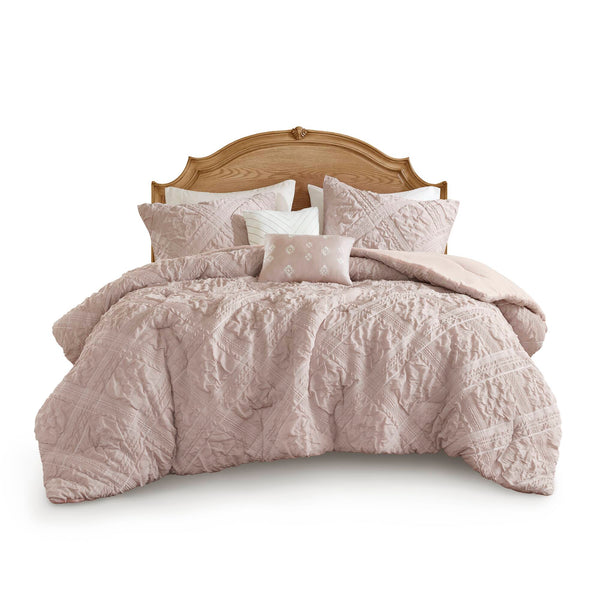 English Elm 5-Piece Sculpted Jacquard Comforter Set Full/Queen with Plush Polyester Fill, Elegant Texture Pink 12.99 L x 17.01 W x 6.5 H B035P408222
