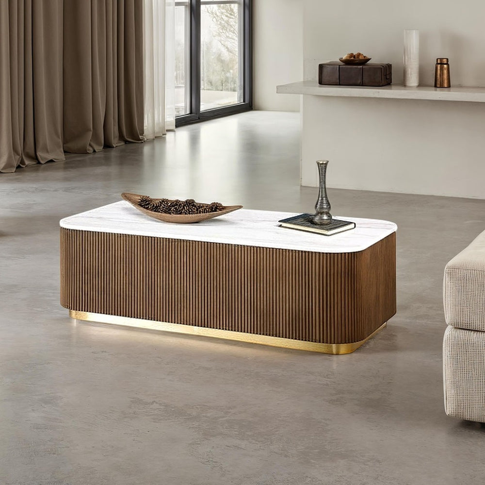 English Elm Brown Reeded Plinth Coffee Table Genuine Marble Top Gold Steel Accents Living Room B2741P476068