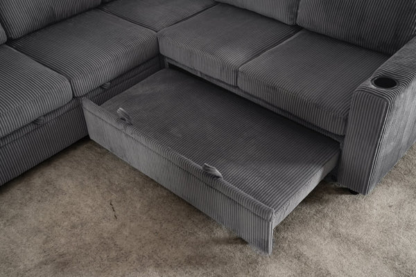 English Elm Sectional Corduroy Sleeper Sofa with Storage and Charging Ports for Small Spaces Grey W1361S00077