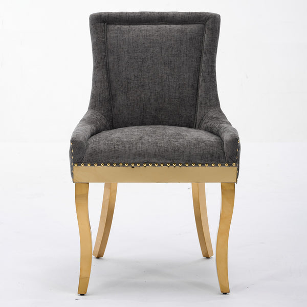 English Elm Chenille Plush Dining Chair with Curved Gold-Plated Legs, Rivet Trim, Textured Upholstery Comfort Gray W1143P332686
