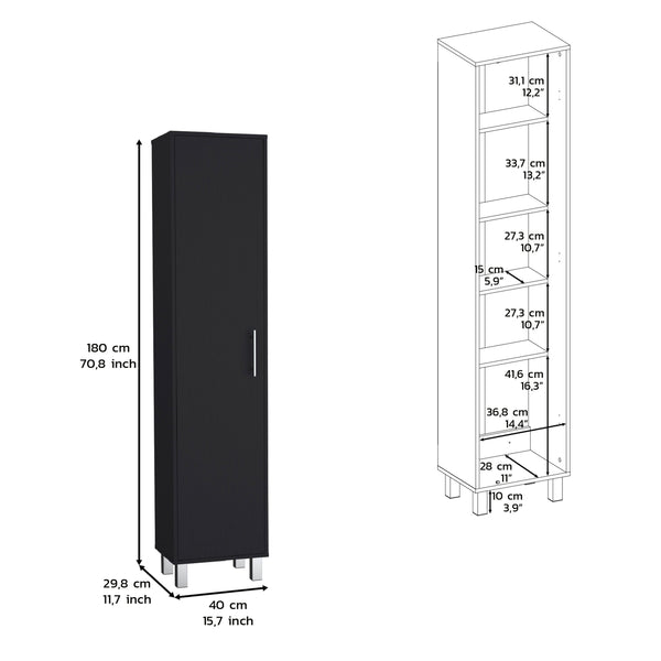 English Elm Storage Cabinet 71"H Tall Narrow 5-Shelf Organizer with 3 Broom Hangers Metal Hardware Black B097P221373