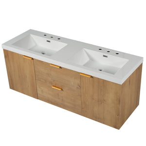 English Elm [video]59.3 Inch Wall Mounted Double Sink Vanity Wood Grain Mdf Soft Close Storage N729P000027N