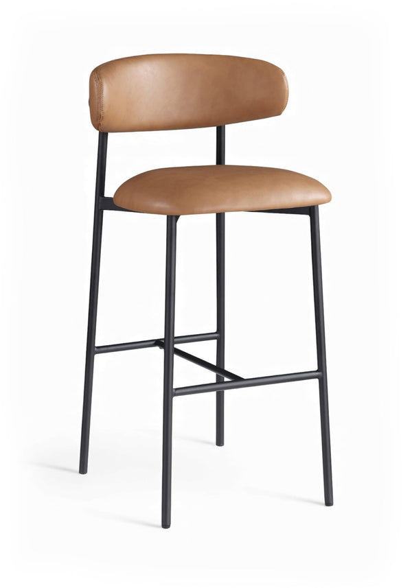 Meridian Furniture Lupita Vegan Leather Barstools with Curved Back and Metal Frame for Kitchen Island Seating Cognac Style B 834Cognac-C