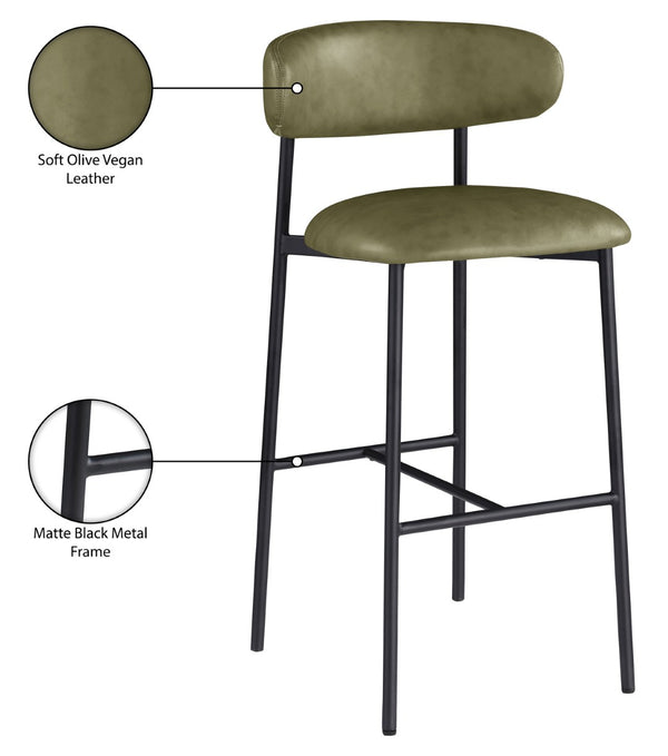 Meridian Furniture Lupita Vegan Leather Barstools with Curved Back and Metal Frame for Kitchen Island Seating Olive Style B 834Olive-C