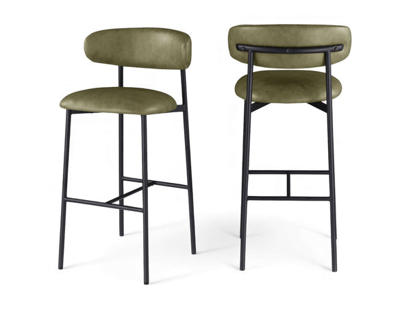 Meridian Furniture Lupita Vegan Leather Barstools with Curved Back and Metal Frame for Kitchen Island Seating Olive Style B 834Olive-C