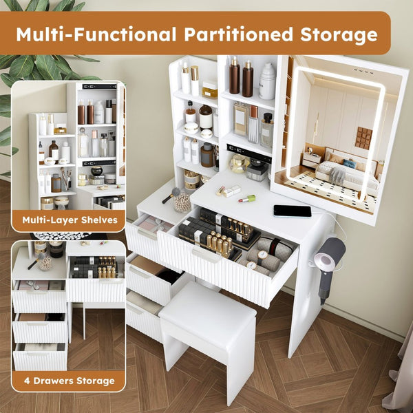English Elm Modern Makeup Vanity Desk with Led Lighting Four Drawers Mirror and Built-in Power Outlet White W509P465830