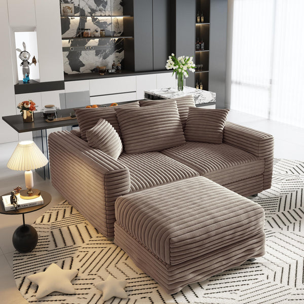 English Elm 82.7" Plush Corduroy 3-Seat Sofa - Cozy Modern Couch With Convertible Ottoman & Soft Pillows, Camel W1885S00148