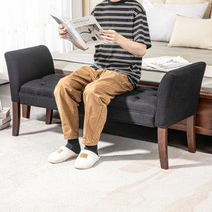 English Elm HOMCOM Tufted Upholstery Bench with Arms — Plush Linen-Feel Seat, Solid Wood Legs, Versatile Entryway seating solution Black W2225P217025