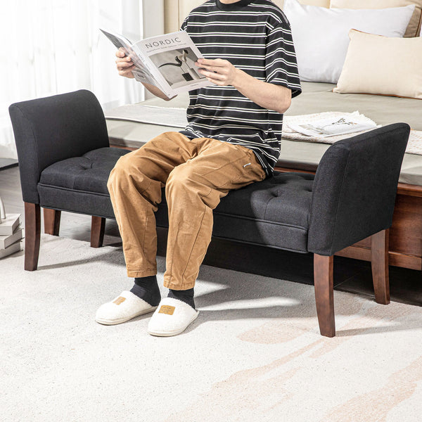 English Elm HOMCOM Tufted Upholstery Bench with Arms — Plush Linen-Feel Seat, Solid Wood Legs, Versatile Entryway seating solution Black W2225P217025