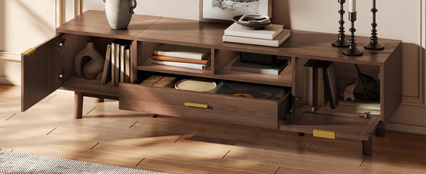 English Elm Wood TV Stand for 75" TVs with Rattan Drawers, Soft-Close Doors, Drop-Down Storage, Waterproof Finish N710P257619P