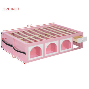 English Elm Full Size Kids Platform Bed with Led Lighting Bookshelf Display Cabinet and Storage Drawer Pink+White N820S00077H