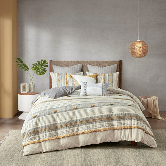 English Elm King/Cal Cody 3-Piece Cotton Duvet Cover Set with Grey-Yellow Stripes, Pompoms, OEKO-TEX Certified Elegance B035129129