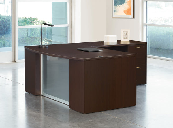 OSP Home Furnishings Napa Executive L-shape Desk with Tempered Glass Panel and Bow Front Work Surface Espresso NAPESP-TYP208G