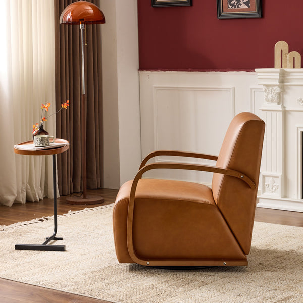 English Elm single-person ergonomic swivel leisure sofa chair in antique brown faux leather with casters and lumbar support W3248P354244