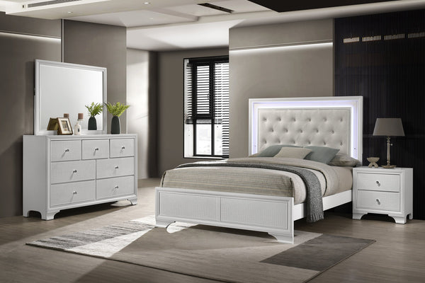 English Elm 1pc Luxurious Tufted Panel Bed with Embossed Crocodile Pattern and Integrated LED Backlit Headboard, Queen Oat,White 59.76 L x 36.3 W x 4.76 H B011S01954