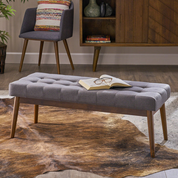 English Elm Christopher Knight Home® - Mid-Century Upholstered Storage Bench with Button-Tufted Top, Walnut Legs, Handcrafted Accent Seat Grey 61147.00GRY