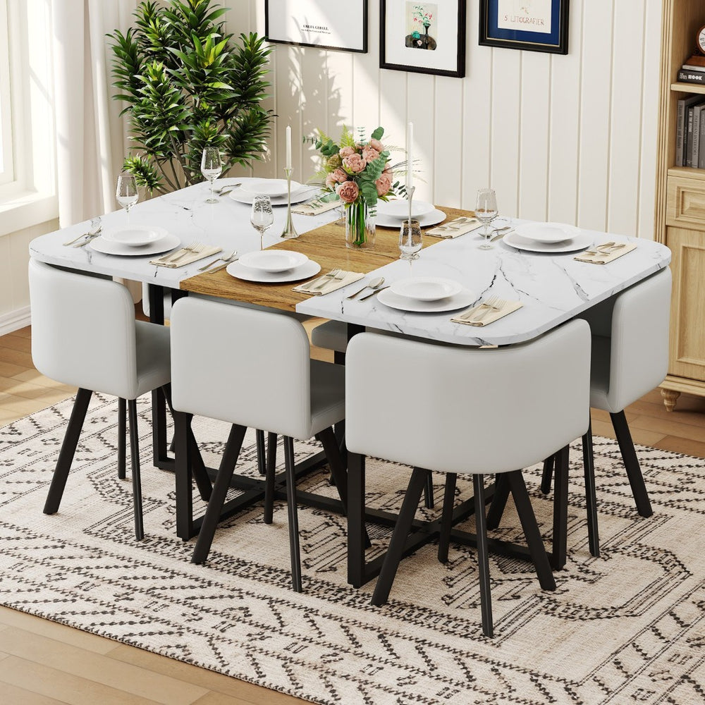 English Elm 7-piece Melamine Dining Set with Pu Cushioned Chairs and Iron Frame for Small Spaces W3875S00121