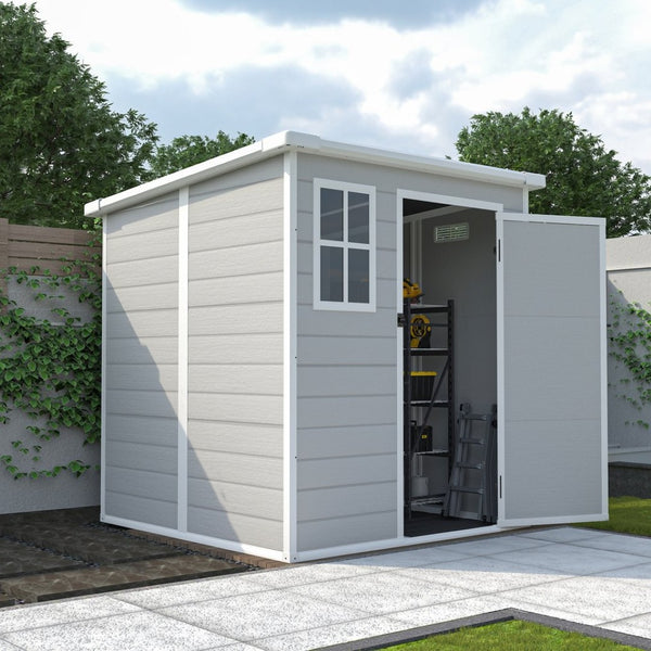 English Elm 6x6 Ft Resin Outdoor Storage Shed with Floor Lockable Doors Window and Vents W1598S00017