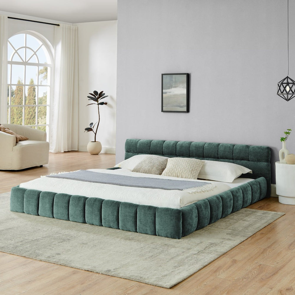 English Elm King Platform Bed Fully Upholstered in Plush Chenille with Low Profile Modern Frame Blue+Green W487S00466