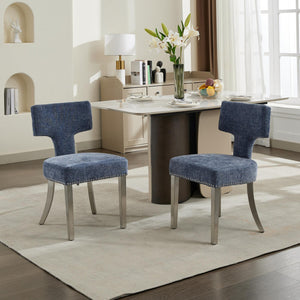 English Elm Mid Mid Century Modern Dining Chair Set with Curved Copper-Nail Backrest, High-Density Foam Seat, Brushed Stainless Legs Blue W1143P314901