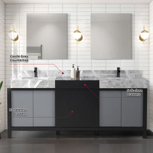 English Elm Black Double Bath Vanity 80" W With Castle Grey Marble Top, Matte Black Faucet & Stylish Mirrors B2731S01161