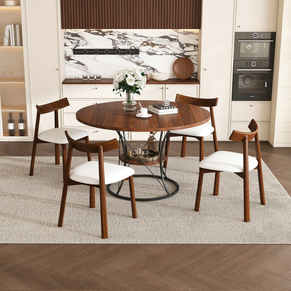 English Elm 43 Inch Foldable Mdf Dining Set with Pu Cushioned Solid Wood Chairs Space Saving Walnut W2700S00128