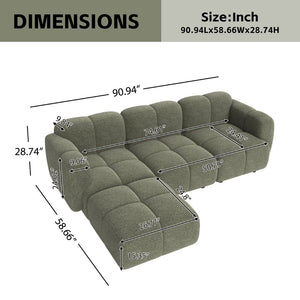 English Elm Beige Boucle L-shaped Sectional with Sculptural Cushion Blocks and Movable Ottoman Green N758T404142F