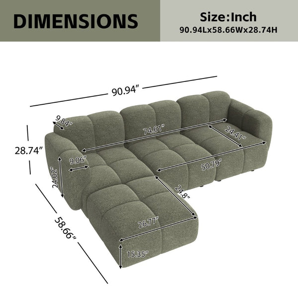 English Elm Beige Boucle L-shaped Sectional with Sculptural Cushion Blocks and Movable Ottoman Green N758T404142F