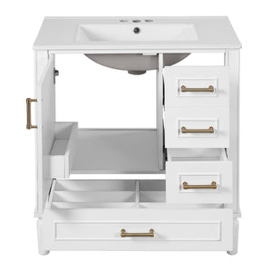 English Elm 30" Elegant Bathroom Vanity with Ceramic Sink, Soft-Close Door & 3 Drawers, Gold Handles, Durable Finish White N729P184479K