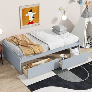 English Elm Twin Twin Size Bed with 2 Drawers Solid Rubber Wood Frame, Space-Saving Storage and Easy Assembly Grey W504P313036