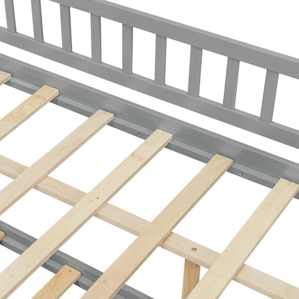 English Elm Full Size Pine House Bed with Roofline Frame and Roll Out Twin Trundle for Kids Gray LP100306AAE