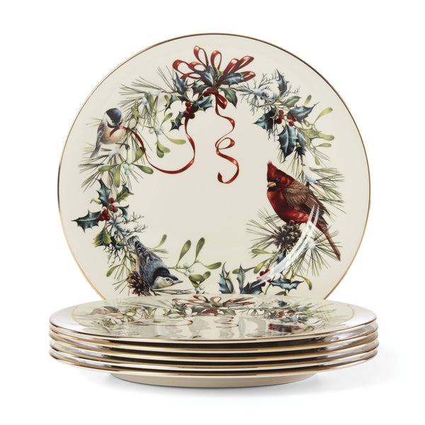 Lenox Winter Songbird Porcelain Dinner Plates Set of 6 with 24k Gold Botanical Holiday 835219
