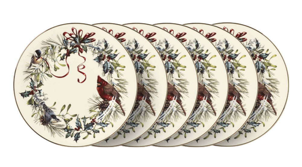 Lenox Winter Songbird Porcelain Dinner Plates Set of 6 with 24k Gold Botanical Holiday 835219