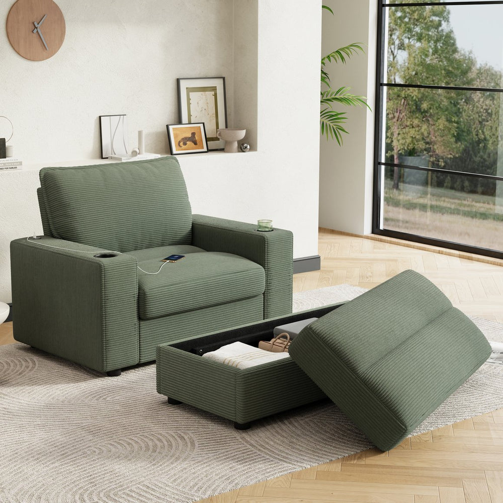 English Elm Christopher Knight Home® - 42.8" Oversized Chaise Lounge with Storage Ottoman, Corduroy Upholstery, USB Port & Cup Holders for Cozy Living Space Green N765P350851N