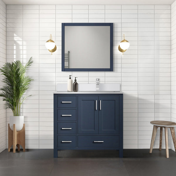 English Elm Navy Blue Bath Vanity 36" W X 22" D With Right Offset White Quartz Top & Elegant 34" Mirror Set B2731S00694