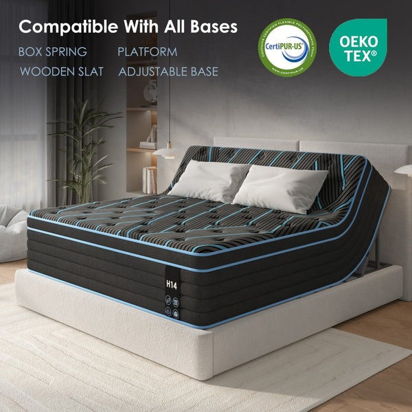 English Elm Twin Hybrid Mattress 10 Inch Pocketed Coil Memory Foam Medium Firm Sleep Support Black+Blue W2889P423130